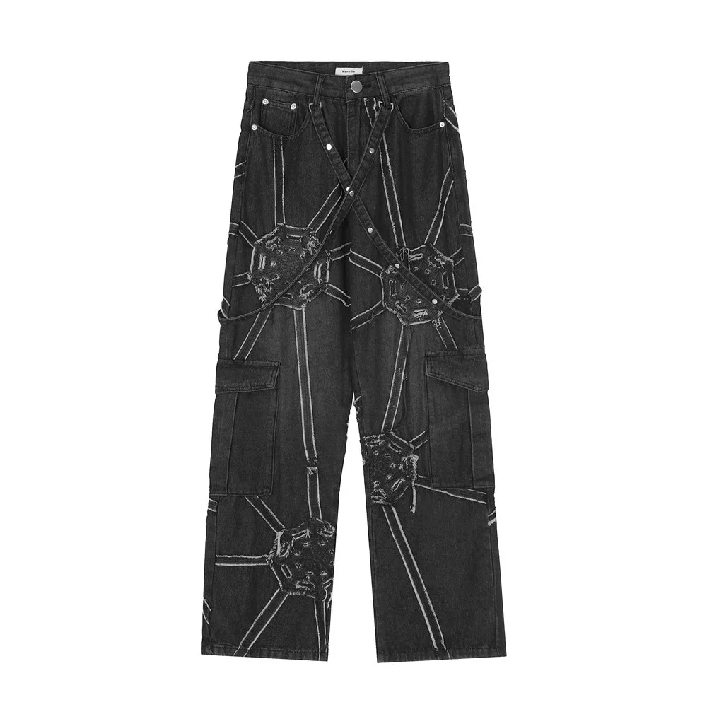 

Denim Straight Leg Pants for Men's Punk Wide Leg Pants European and American High Street Design with Spider Webs