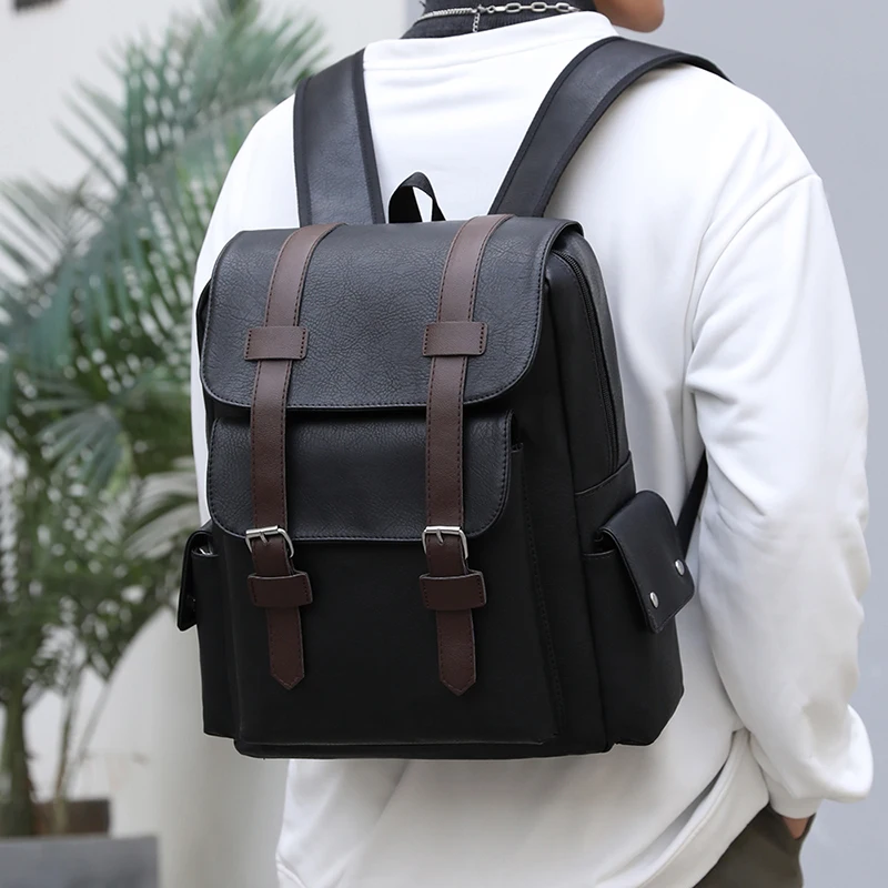 New Vintage PU Leather Bagpack Large Capacity Laptop Business Travel Bags Fashion Schoolbag for Teenagers Boys