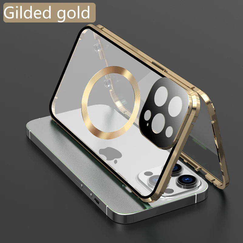 Telefoonhoesje voor iPhone 12 13 14 15 16 Pro Max 16E 360 °   met lens volledige bescherming magnetisch metalen frame + dubbelzijdige glazen afdekking