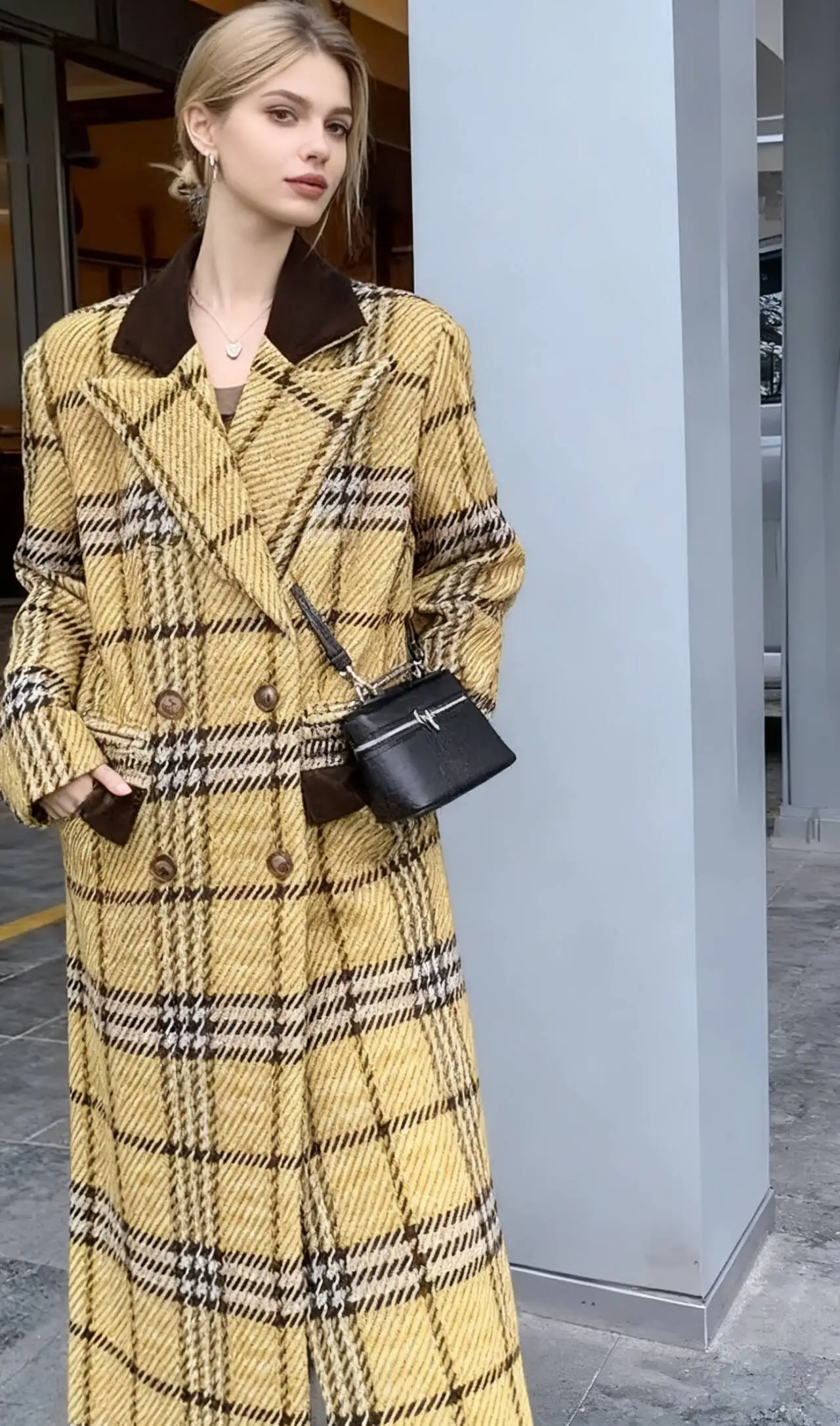 

Wool Blend Coats Womens Woolen Coat Thickened Plaid Autumn Corduroy Double-Breasted Collar Gothic Style Club Outings Unique Chic