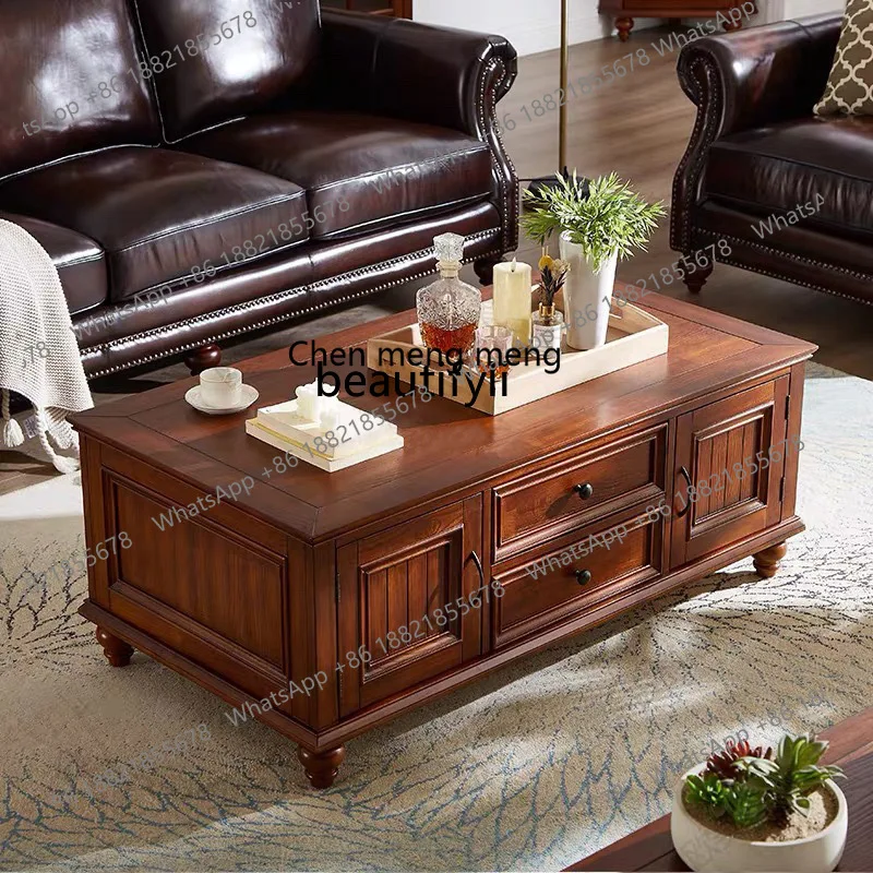 X  White toon wood, all solid wood coffee table, living room storage rectangular tea table small apartment