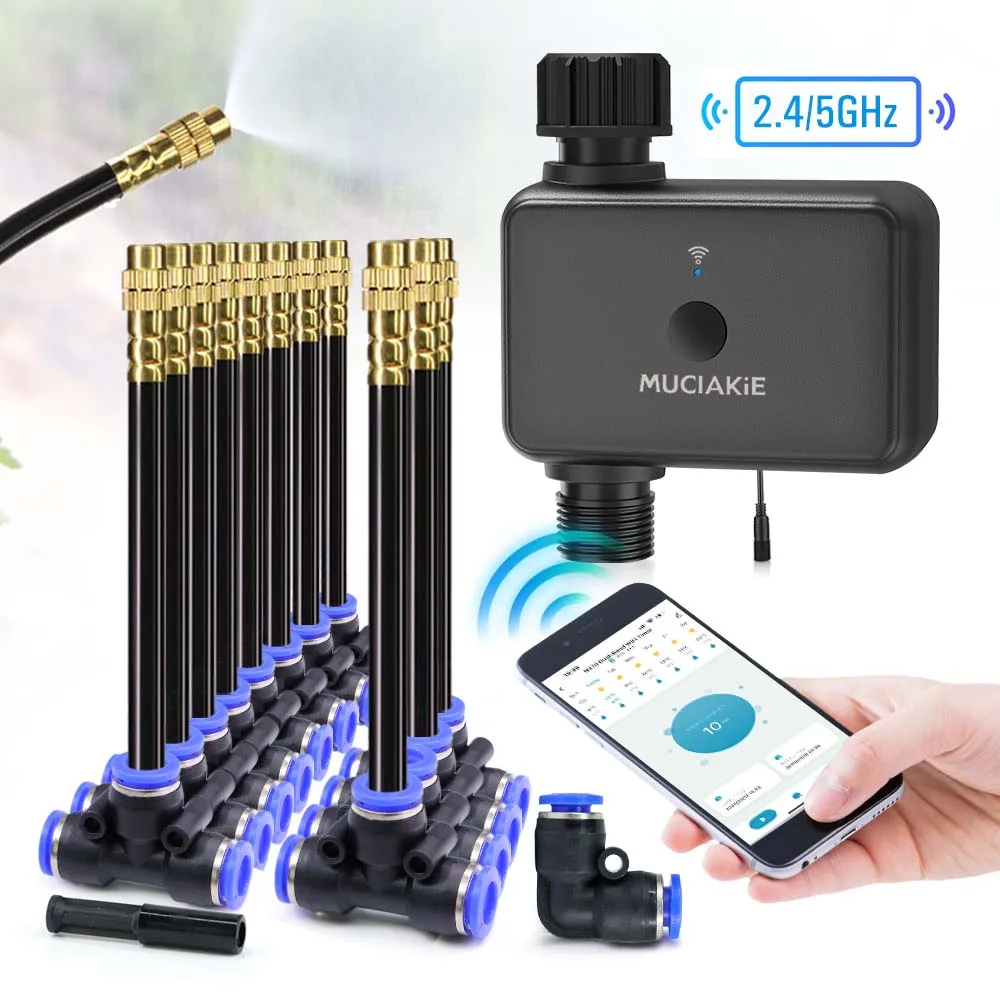 

Двухчастотный Wi-Fi садовый умный таймер 5 ГГц 360 ° Гибкий регулируемый роторный набор для орошения распылением, дистанционное управление через приложение, полив