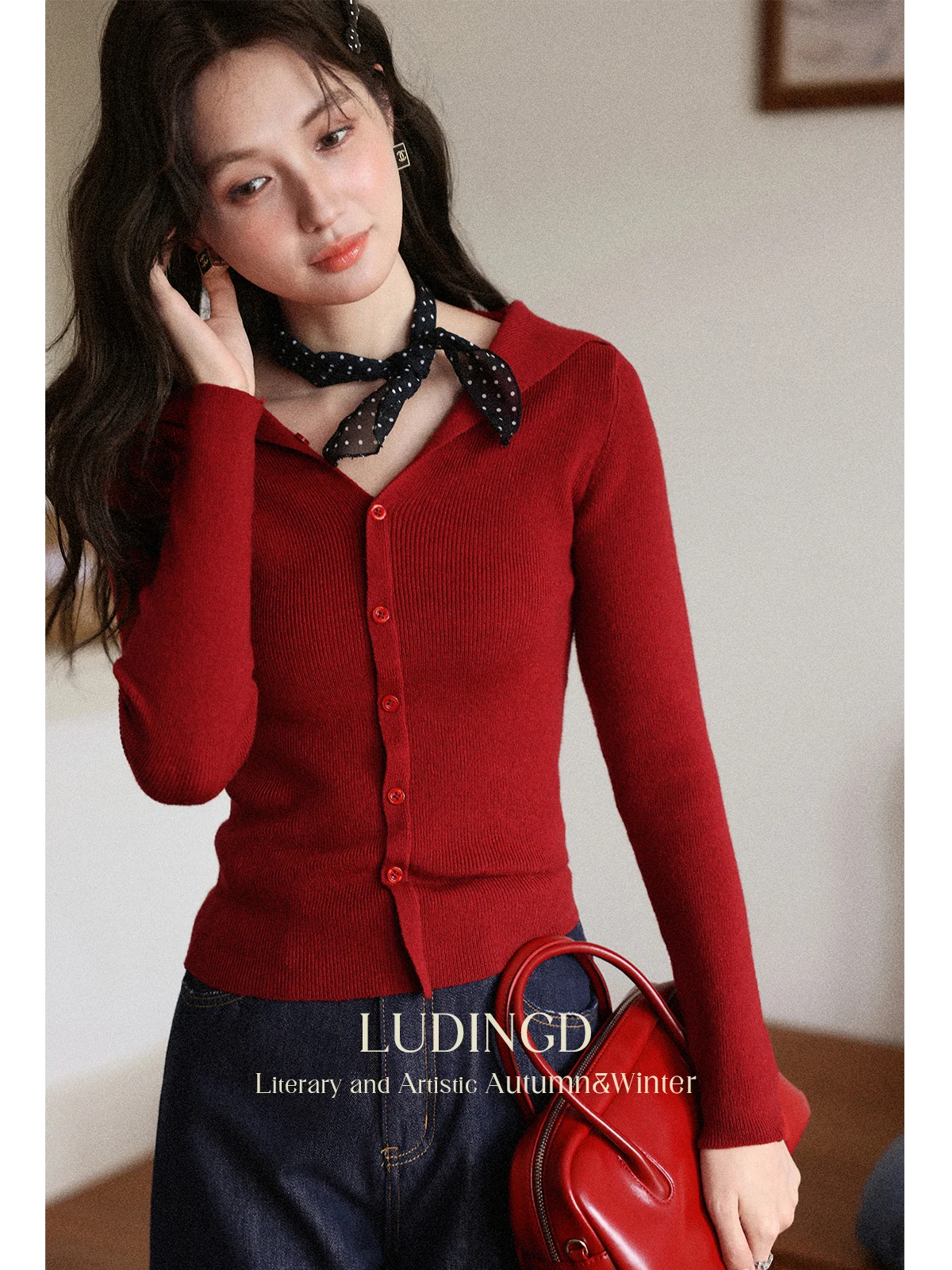 ALXNAN Sweater Hoodie V-neck Merah Ukuran Besar Wanita Lengan Panjang Slim-fit Rajutan Sweater Musim Gugur Musim Dingin 2025 Atasan Rajut D12561