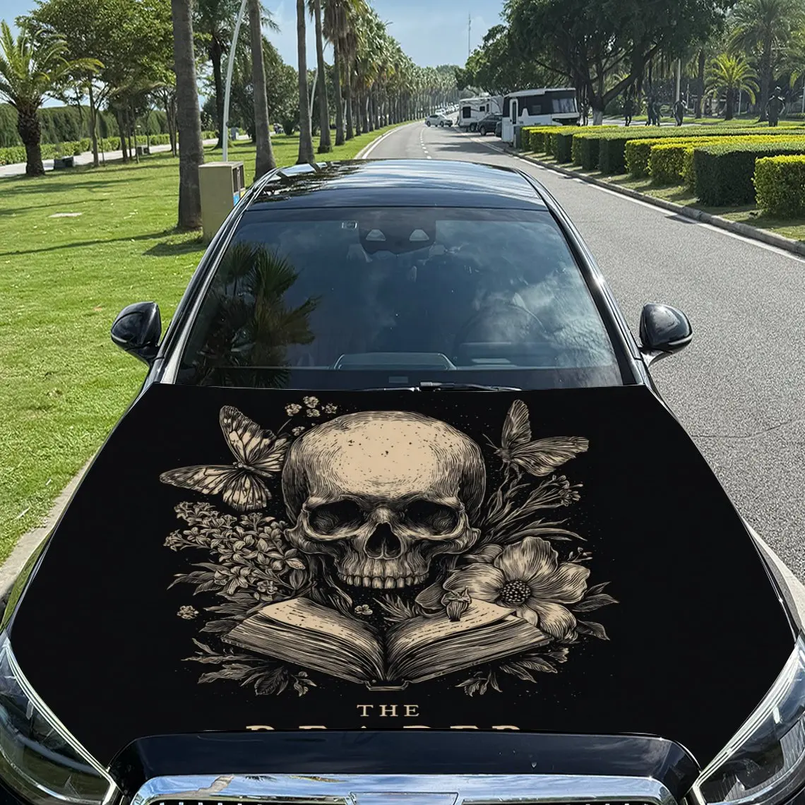 Car Decals Skull with Floral Elements and Open Book Car Hood Sticker, Waterproof Self - Adhesive Vinyl Graphics Decals, Decorati