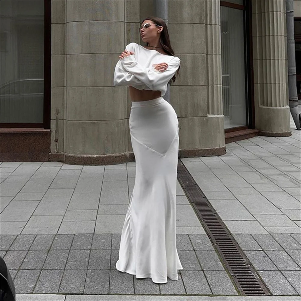 Women White Satin Top and Skirt 2 Piece Sets Sexy Long Sleeve Crop Tops with High Waist Floor-Length Long Trumpet Skirts Outfit