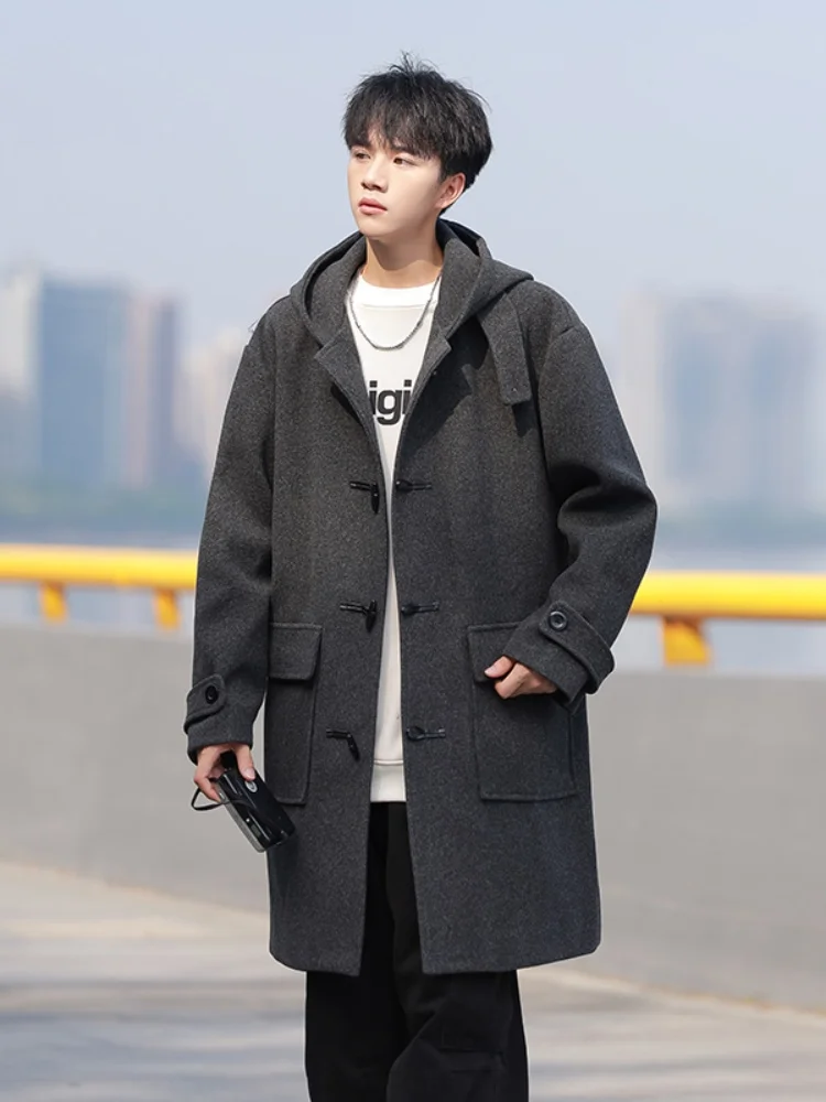 

Мужское шерстяное пальто средней длины, осенне-зимнее, модное, в стиле ретро, с капюшоном, ветрозащитное, из премиальной ткани, повседневная одежда, полиэстер