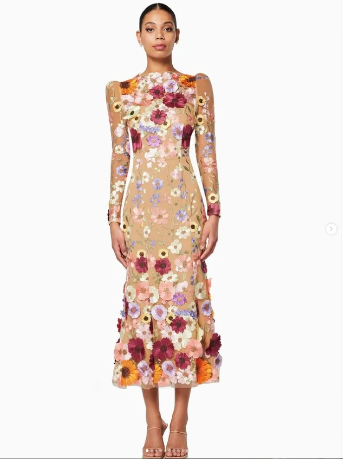 Champagne tornozelo comprimento sereia vestidos formais de noite manga longa 3d floral applique festa de casamento vestido de convidado personalizado