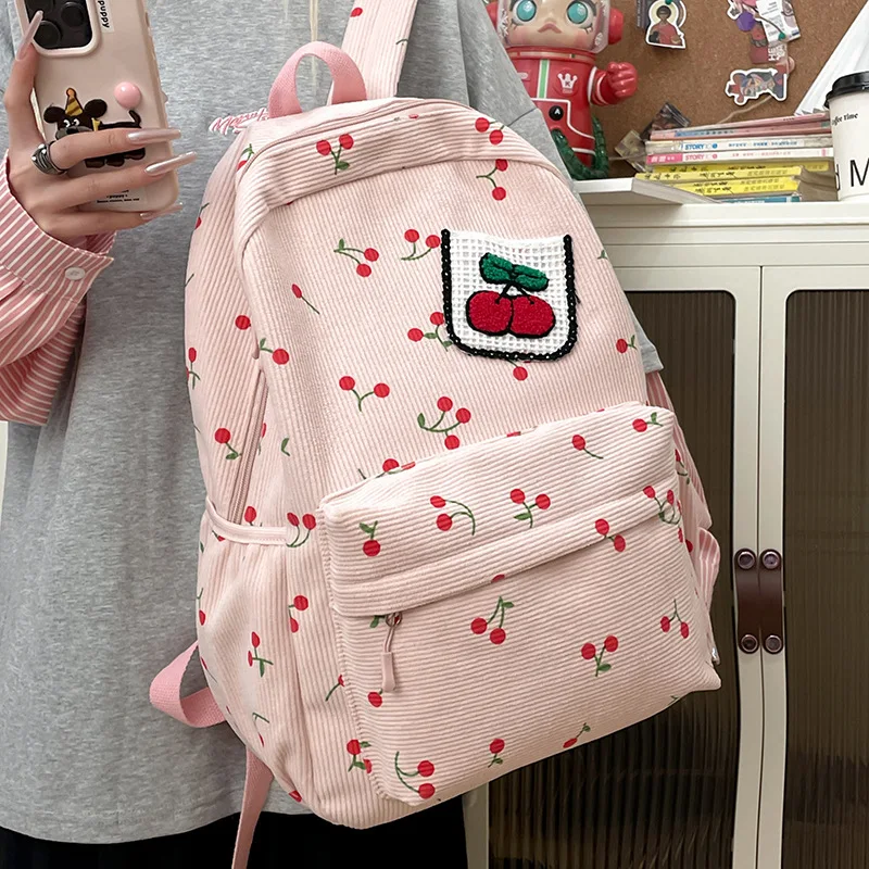 

Рюкзак с принтом вишни, вельвет контрастного цвета, свежий школьный рюкзак для студентов, и стильный рюкзак для прогулок с уникальным дизайном.