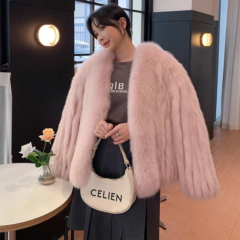 2023 Winter Fox Fur Women's Jacket Medium and Long Fashion Soft Warm Solid Color Embellishment Fresh O-neck Long Sleeve Real Fur