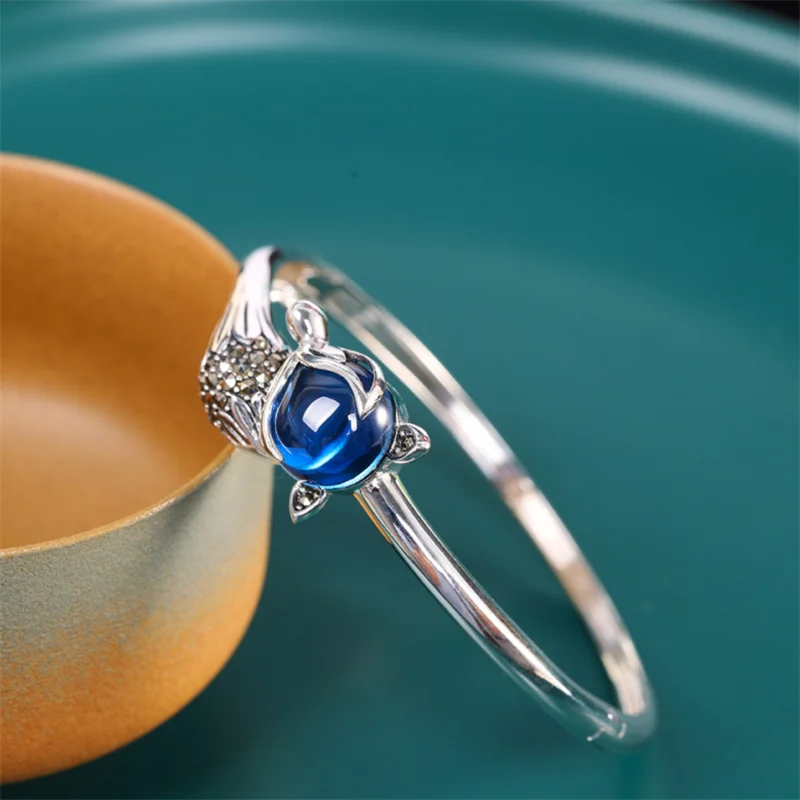 Uglyless LOVE Magic Gift Fairy Fox Bangles for Women Blue Corundum 925 Silver Bangle Vintage Marcasite Fox Tail Bracelet Jewelry