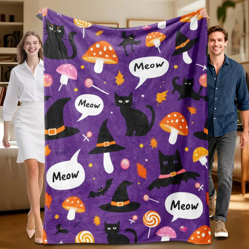 قطعة واحدة من بطانية الفانيلا الأرجوانية على شكل قطة الهالوين، ناعمة، مناسبة للأريكة والسرير والمكتب والاستخدام لجميع المواسم.