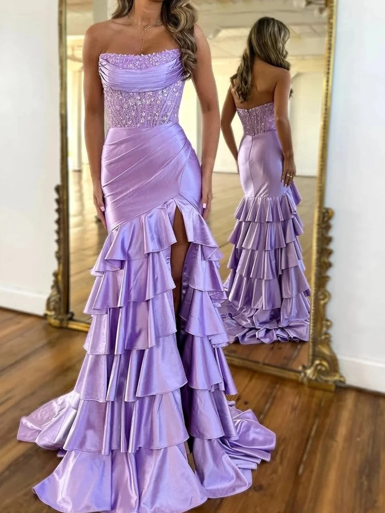 

A13173 Роскошные лавандовые вечерние платья Вечерняя одежда Женское многоуровневое платье русалки с рюшами и бисером для выпускного вечера, свадебное платье 2025 Новинка по индивидуальному заказу