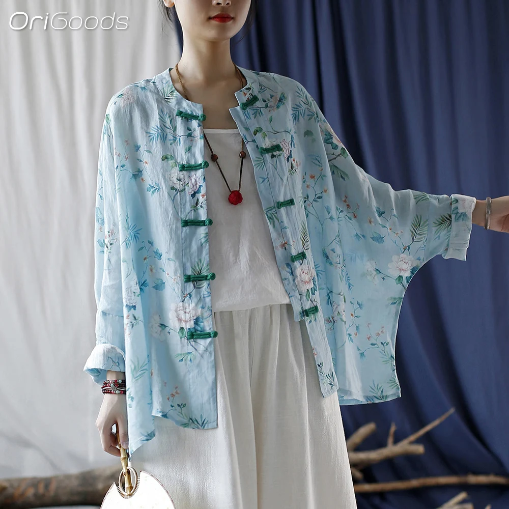 

OriGoods Oversized Batwing Sleeve Shirt Women Ramie Flower Print Shirt Summer 2024 New Chinese Style Clothing Thin Tops X044