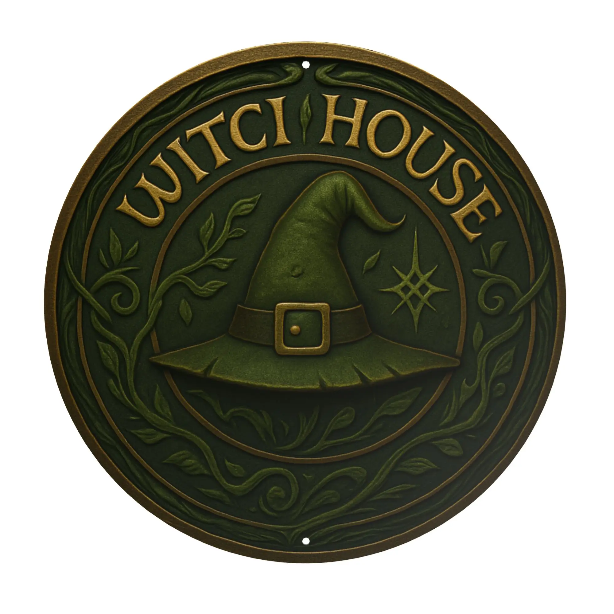 

1pc 2D Vintage Witch House Metal Sign Circular Iron Wall Decor with Star Witch Hat Broom Design Halloween Decor for Home Garage
