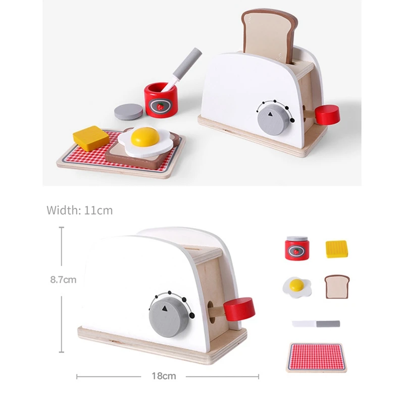 Hölzernes Toaster-Spielzeug zum Spielen, Küchenzubehör, zum Spielen von Speisen, Brot, Butter, pochiertem Ei, zum Schneiden, vorgetäuschtes Spielzeug für Kinder, einfach zu bedienen