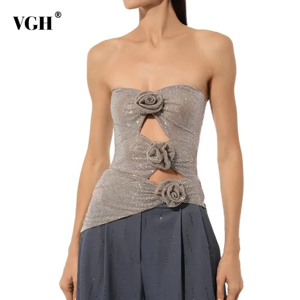 

VGH Sexy Patchwork Sequins 3D Floral Vest for Women Strapless Sleeveless Patchwork Hollow Out Design Temperament Tops Female New
