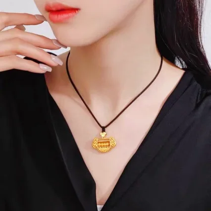 Ancient AU999 pure gold longevity lock 24K real gold pendant necklace for women to bring good luck and keep safe forever