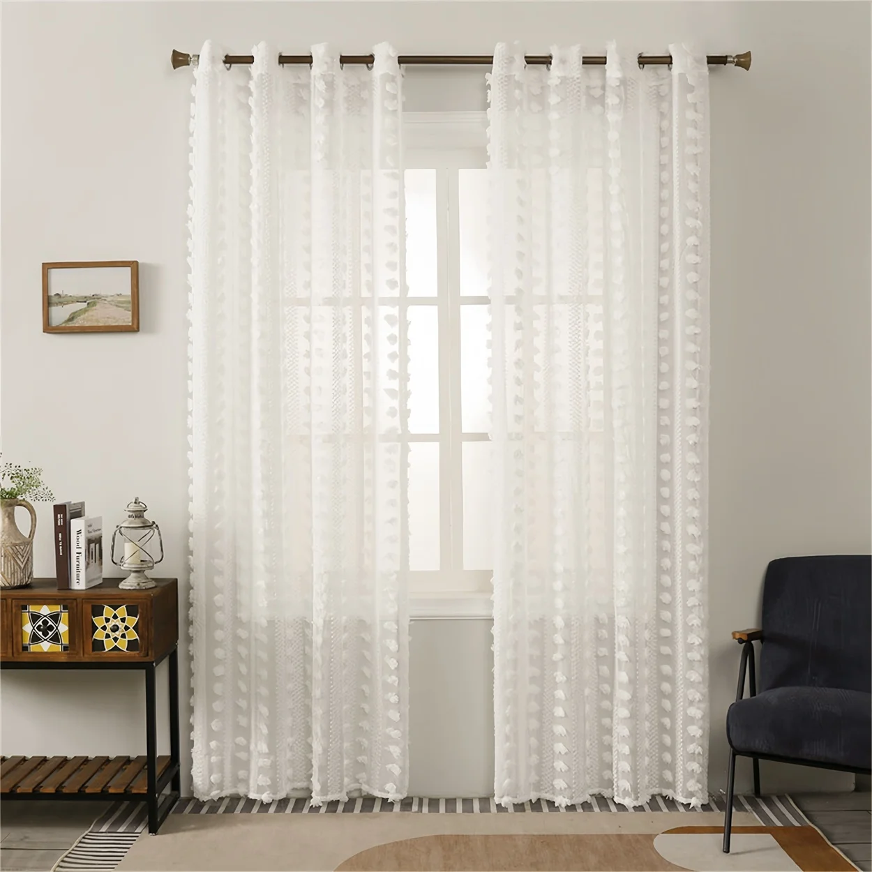 1pc Boho-chic Elegant Semi-Sheer Curtain with Flower, Pastoral Style Flower Window Tulle, Light-Filtering Grommet Panel for Room