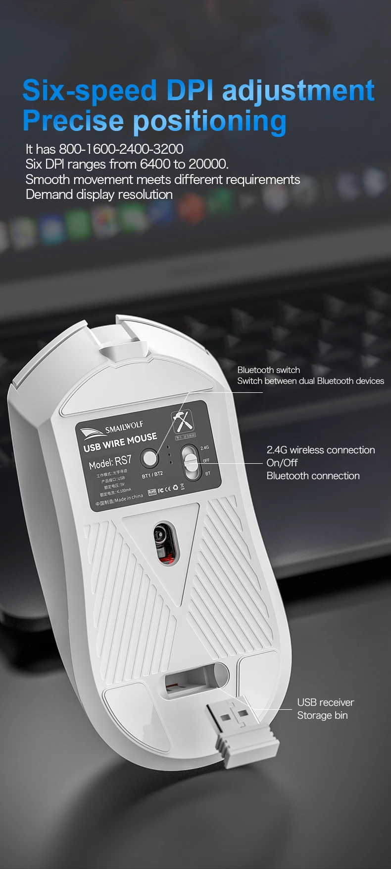 SMAILWOLF RS7 Bluetooth Kabellose Maus Drei-Modus-Gaming-Maus für Notebook Desktop-Computer Gaming PAW3311 Geeignet für Große Hände – Detail 5