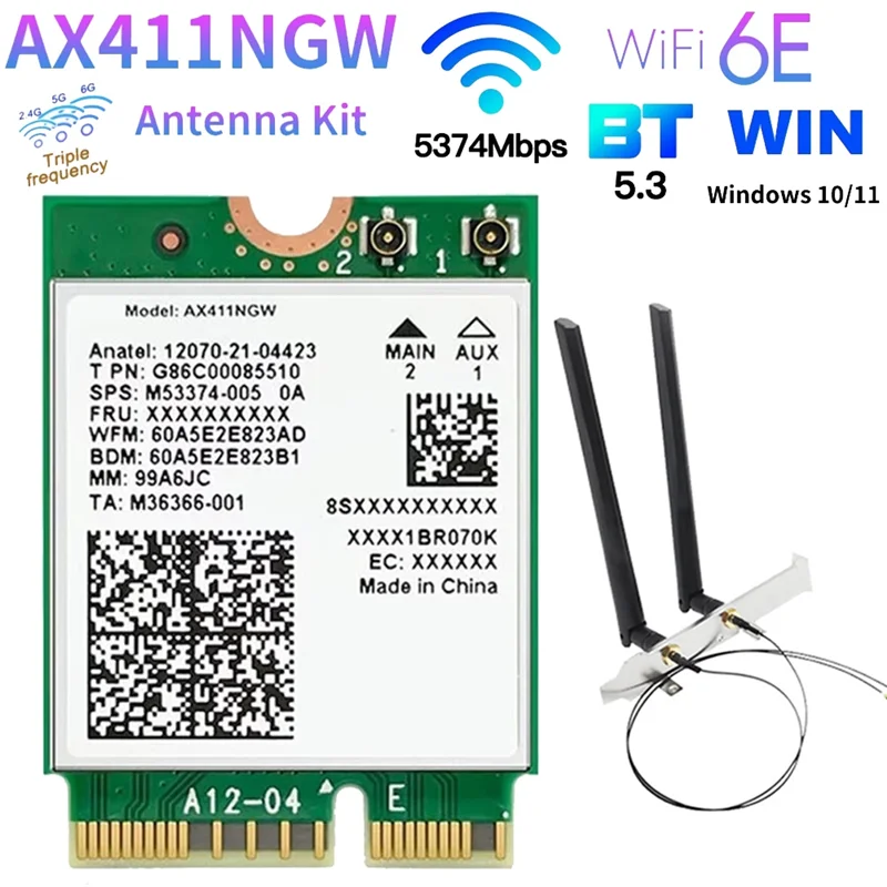 For Intel AX411 WiFi Card+2X8DB Antenna WiFi 6E CNVio2 BT 5.3 Tri-Band 5374Mbps Module for Laptop/PC Win10/11-64Bit