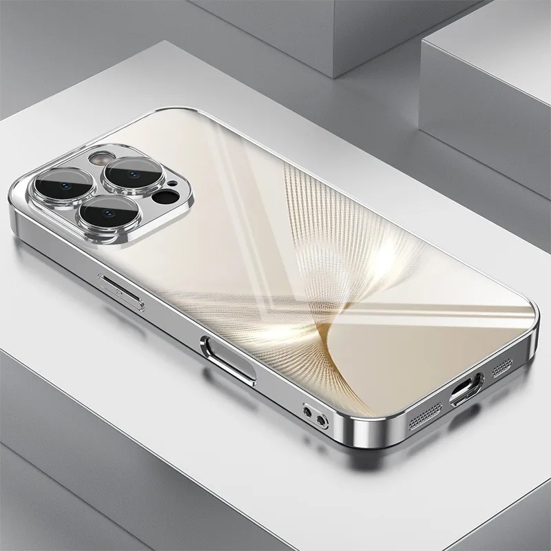 

Luxury Gold Line Gradient Pattern Electroplated Glass Phone Case For iPhone 17 16 15 14 13 12 11 Pro Max Plus 16E 17 Air Cover