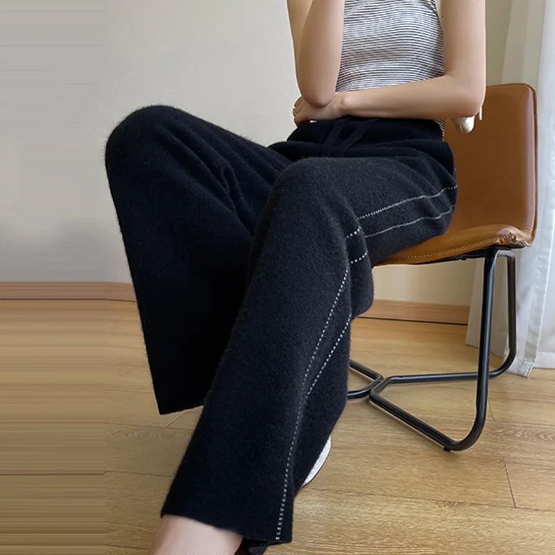 Jueqi cashmere wide leg pants women's loose knit pants 100% pure wool thickened pants MX-23608