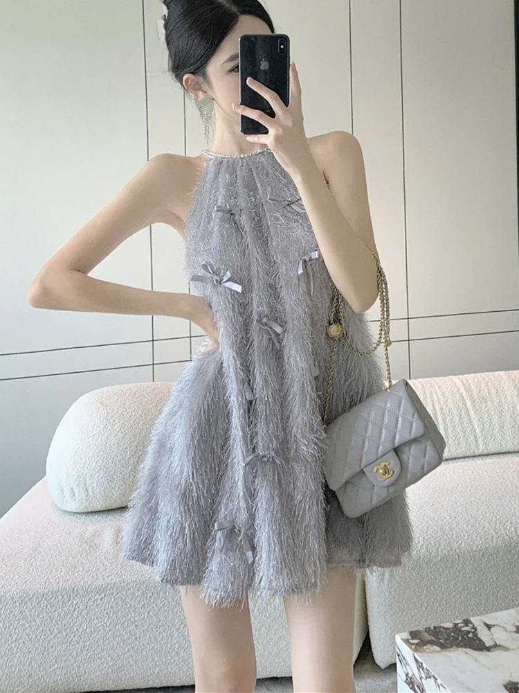 

2024 New Elegant Women Halter Feather Bow Beaded Dress French Temperament Sleeveless Loose A-line Mini Dresses Fashion Party