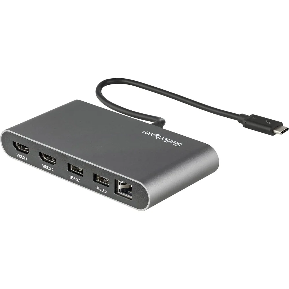 محطة إرساء Thunderbolt 3 محمولة مزدوجة الشاشة مع HDMI 4K 60 هرتز، 2 منفذ USB-A (3.0/2.0)، جيجابت إيثرنت - 11 بوصة