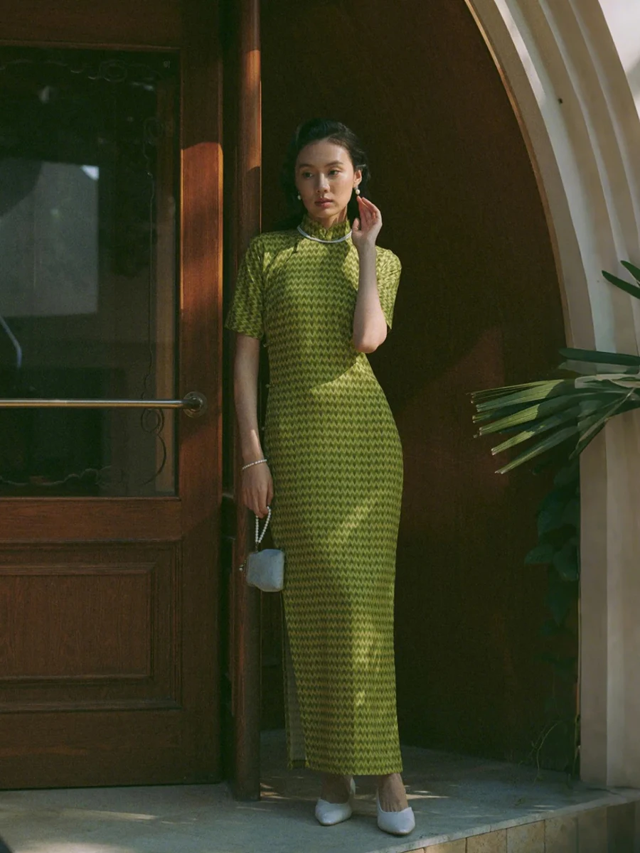 

Mojjia Spring Summer Cotton Silk Full Slit Buttoned Long Modern Retro Hong Kong Sle Daily Wear Qipao Spring Mo...