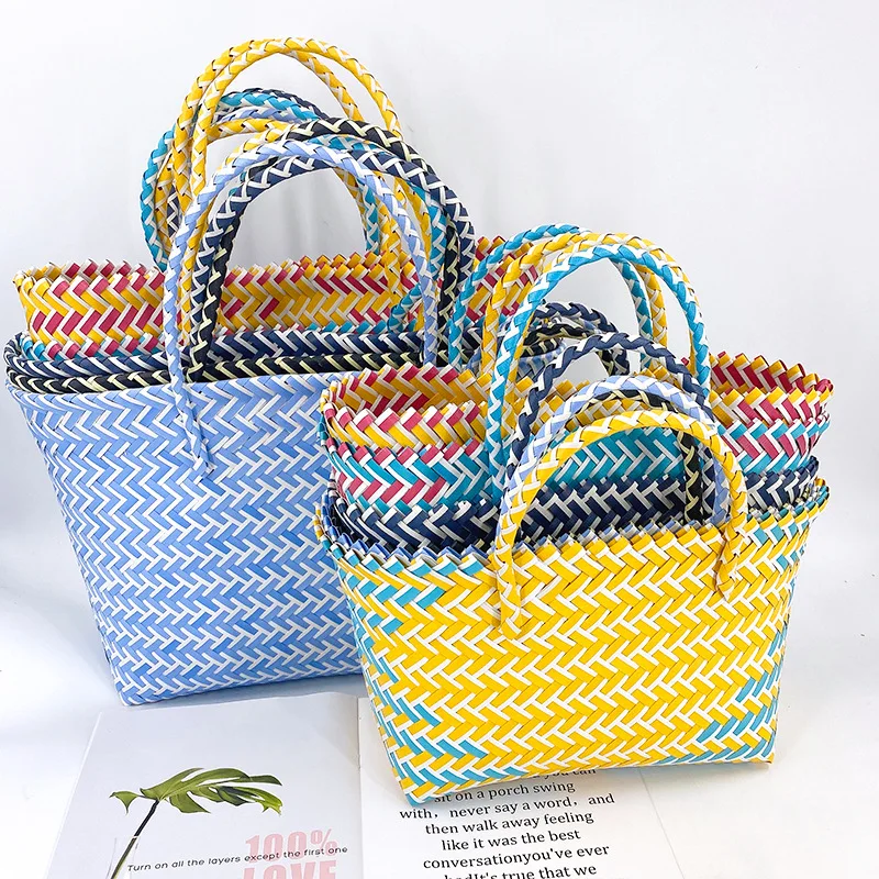 

Пластиковая сумка-тоут, винтажная корзина для овощей, пляжная сумка для отдыха, тканая сумка ручной работы, тканая корзина для овощей, большая сумка