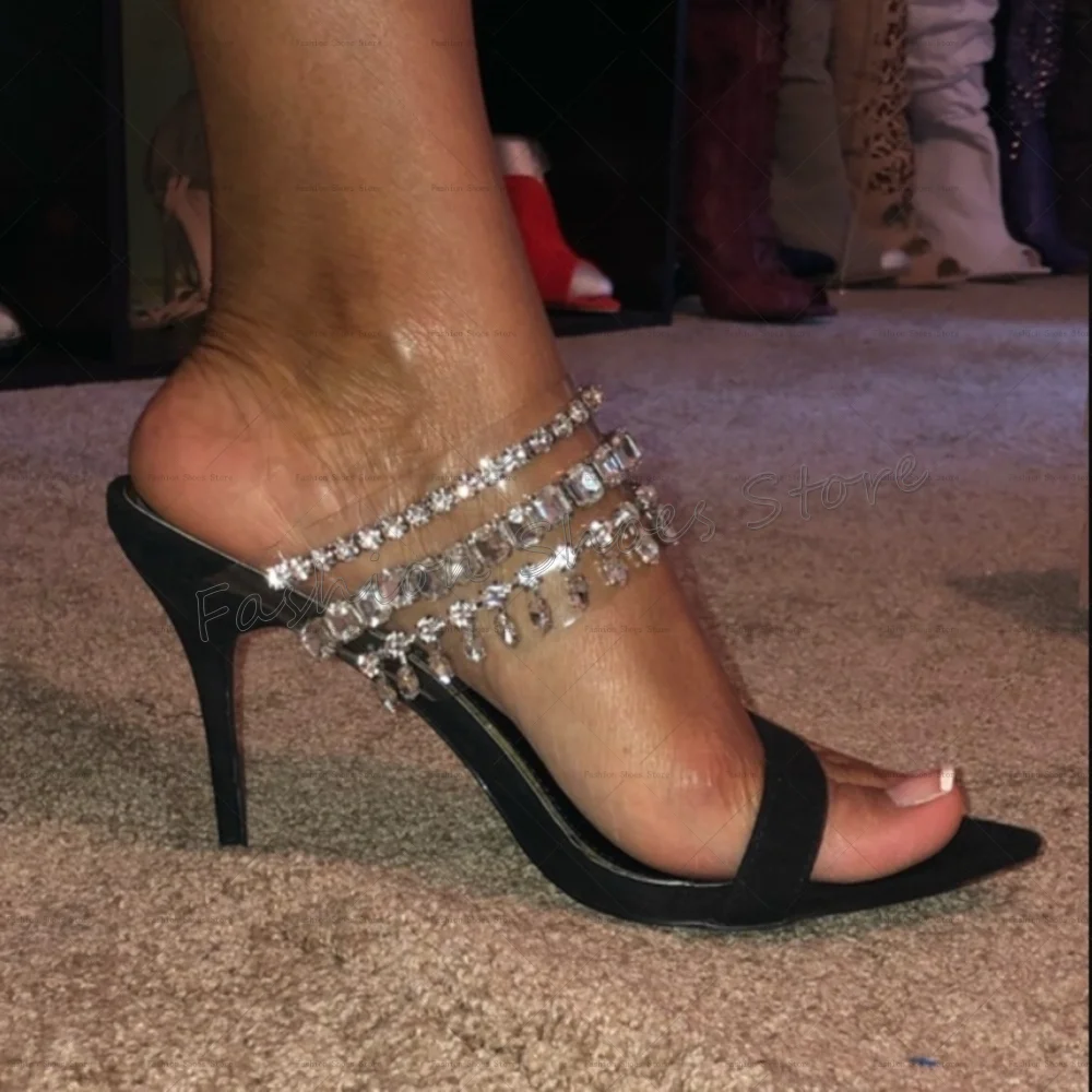 

Black Crystal Pointed Toe Slippers Open Toe Women Shoes Stilettos High Heels Party Banquet Dating 2025 Zapatos Para Mujere