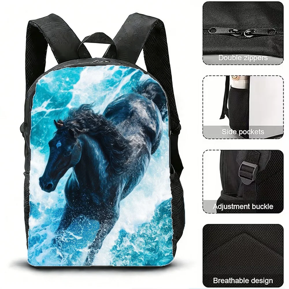 

A spacious blue horse-themed casual backpack for photography, school, travel and outdoor use. It features a lightweight design