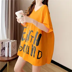 2024 New Summer Trendy Casual Loose Oversized Fashion V-neck Letter Print Medium Length Backless Short Sleeved T-shirt for Women