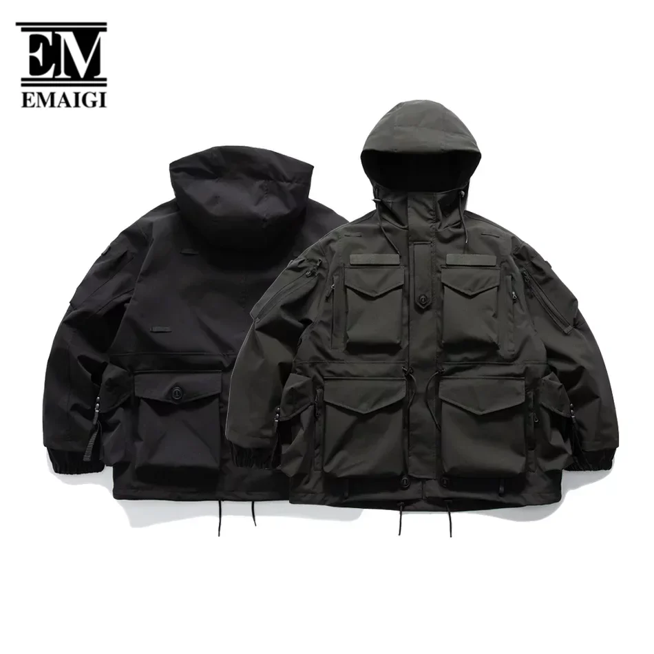 Men Multi Pocket Loose Casual Spring Autumn Outdoor Hooded Cargo Jacket Streetwear Oversized Plus Size Wide Coat Outerwear