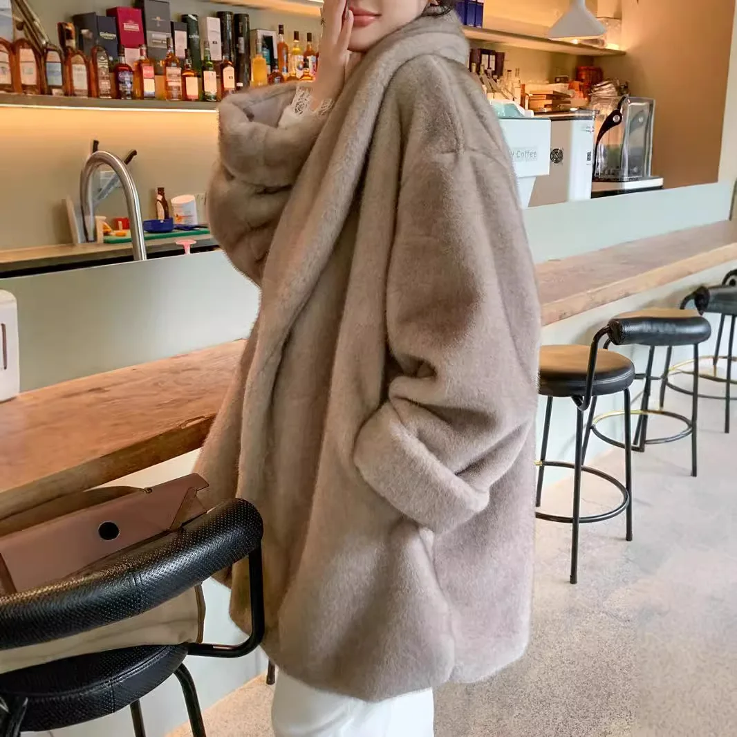

Women Mid Lenth Faux Fur Coats Solid Overcoats Turn Down Collar Full Sleeves Open Stitch Thick Loose Casual Autumn Winter 2025