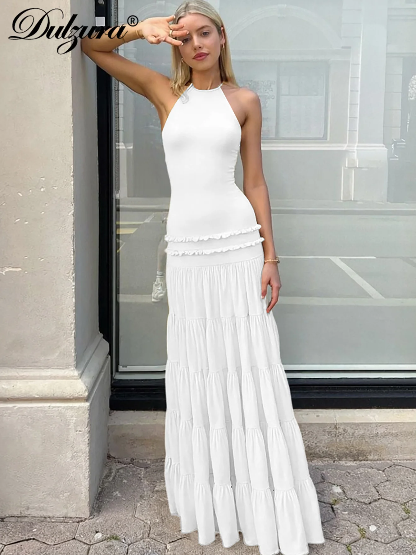 Dulzura Halter sin mangas sin espalda ajustado con cordones volantes plisado vestido largo sólido Sexy elegante vestido de fiesta Club traje de verano