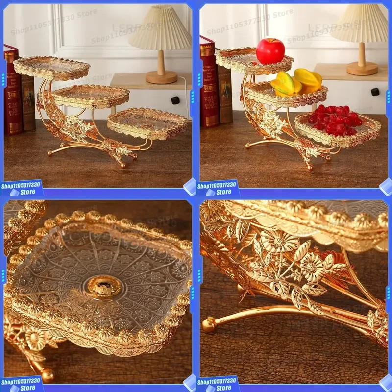 European Light Luxury Retro Three Layer Rectangular Fruit Plate Creative Home Pastry Dried Fruit Tray For Hotel Lobby KTV