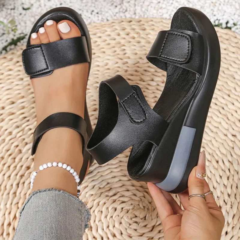 Slope Heel Large Size Sandals Women Summer Soft Sole Comfort Shoes Rome Retro Lightweight Open Toe Solid Color Beach Slippers