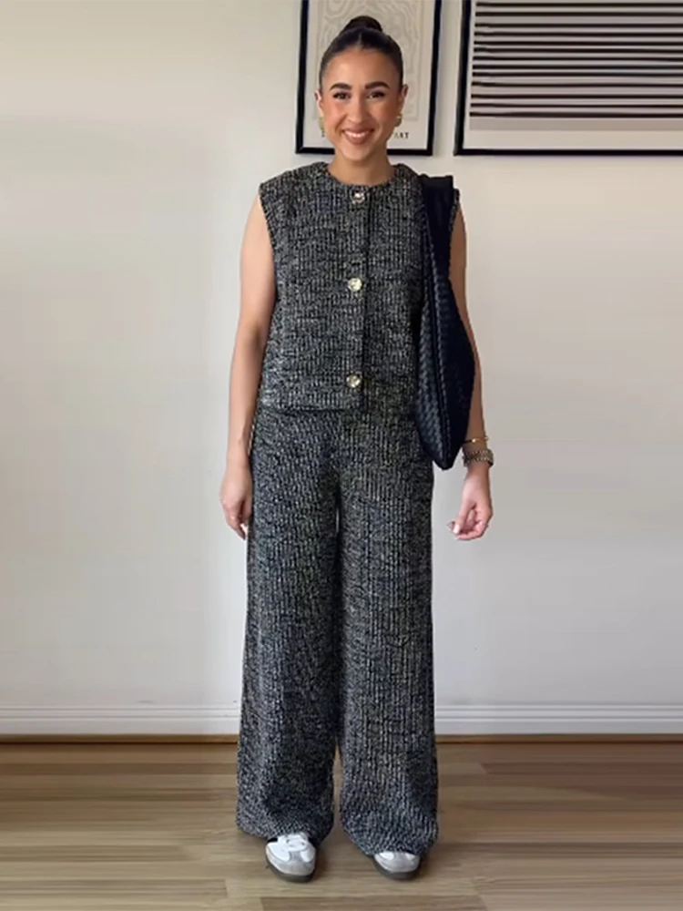 Frauen 2-teiliges gestricktes ärmelloses Hosen-Set, elegantes O-Ausschnitt-Knopf-Weste-Top, hohe Taille, weites Bein, Hose, Sommer-Damenanzug