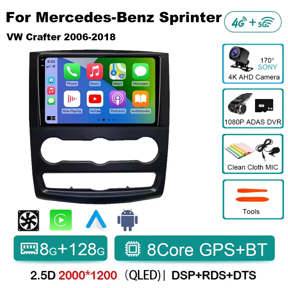 Voor Mercedes-Benz Sprinter W906 VW Crafter 2006-2018 Android 15 Autoradio 2 K QLED Scherm navigatie Draadloze Carplay Auto