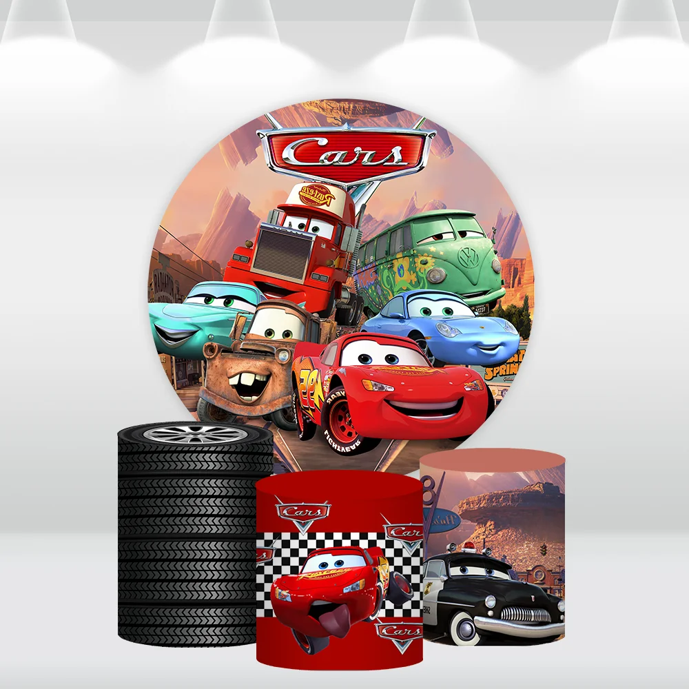Disney mcqueen carros redondo pano de fundo capa para meninos carro de corrida banner aniversário chá de bebê fundo fotografia plinto cobre