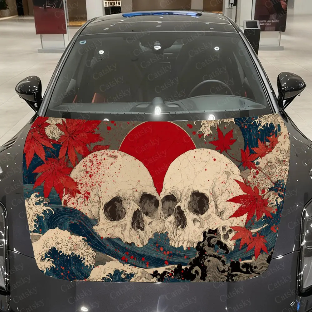 

Ukiyo-e Twin Skulls Car Vinyl Wrap, PVC Waterproof Car Hood Sticker, Self-Adhesive Scratch-Resistant Stickers