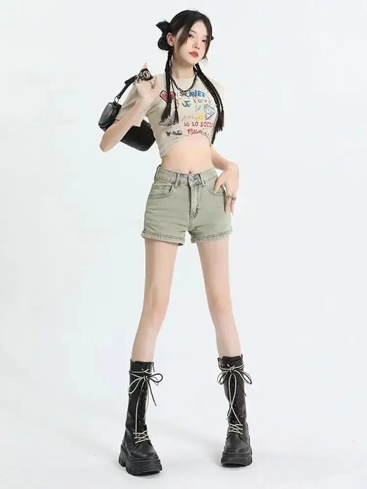 Celana pendek DENIM ฤดูร้อนทรงเอไลน์โอเวอร์ไซส์สำหรับย้อนยุคสำหรับผู้หญิงกางเกงฮอทผ้าเดนิมเอวสูงยีนส์ขาสั้นมีขากว้าง2024
