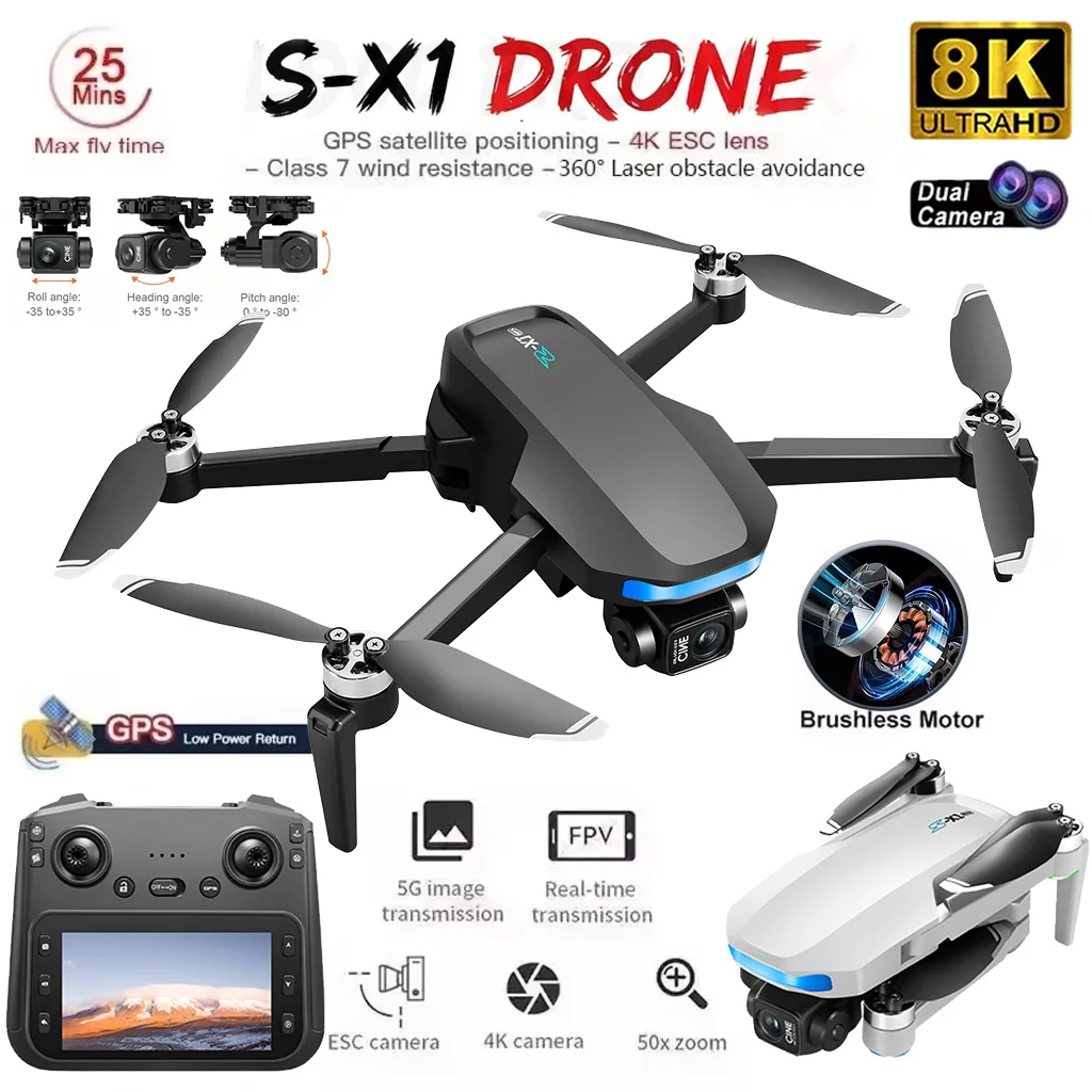 2026 New S-X1 Drone 8K HD Three Cameras5G WiFi FPV Brushless Motors Optical Flow Obstacle Avoidance Four-Axis RC Drone Toy 3000M