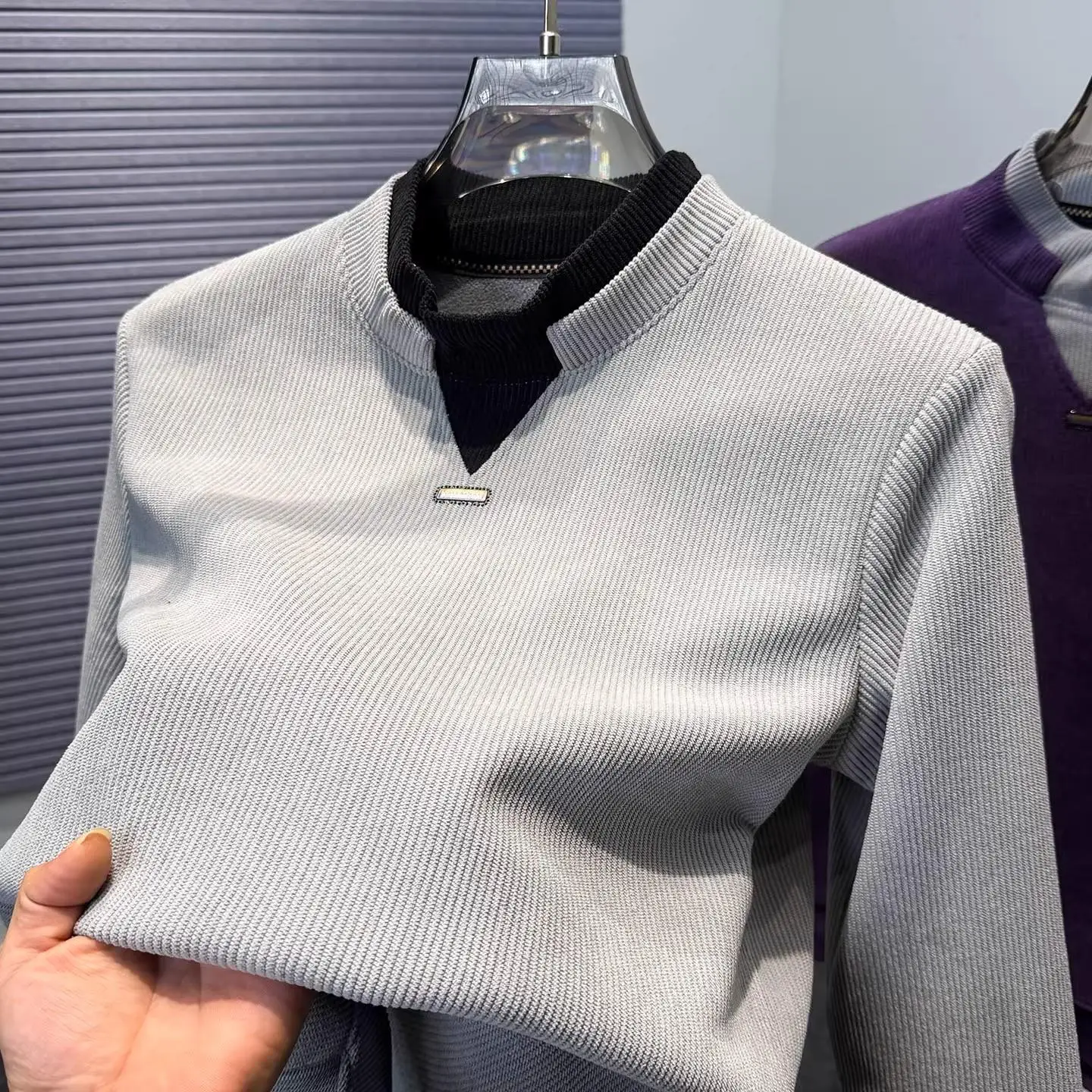 

Мужской зимний вязаный свитшот из оливкового вельвета с высоким воротником и флисовой подкладкой, цветной, надеваемый через голову