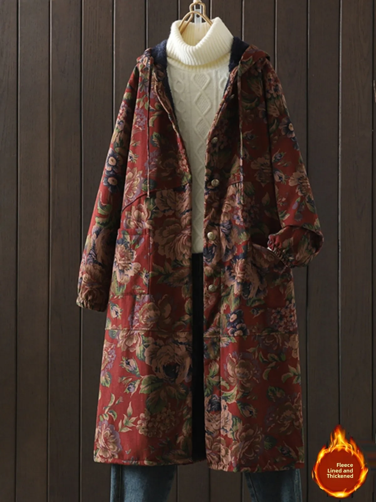 

Утепленное длинное свободное теплое женское пальто-ветровка на осень-зиму с принтом, V-образным вырезом и застежкой на одну пуговицу, из смесового хлопка