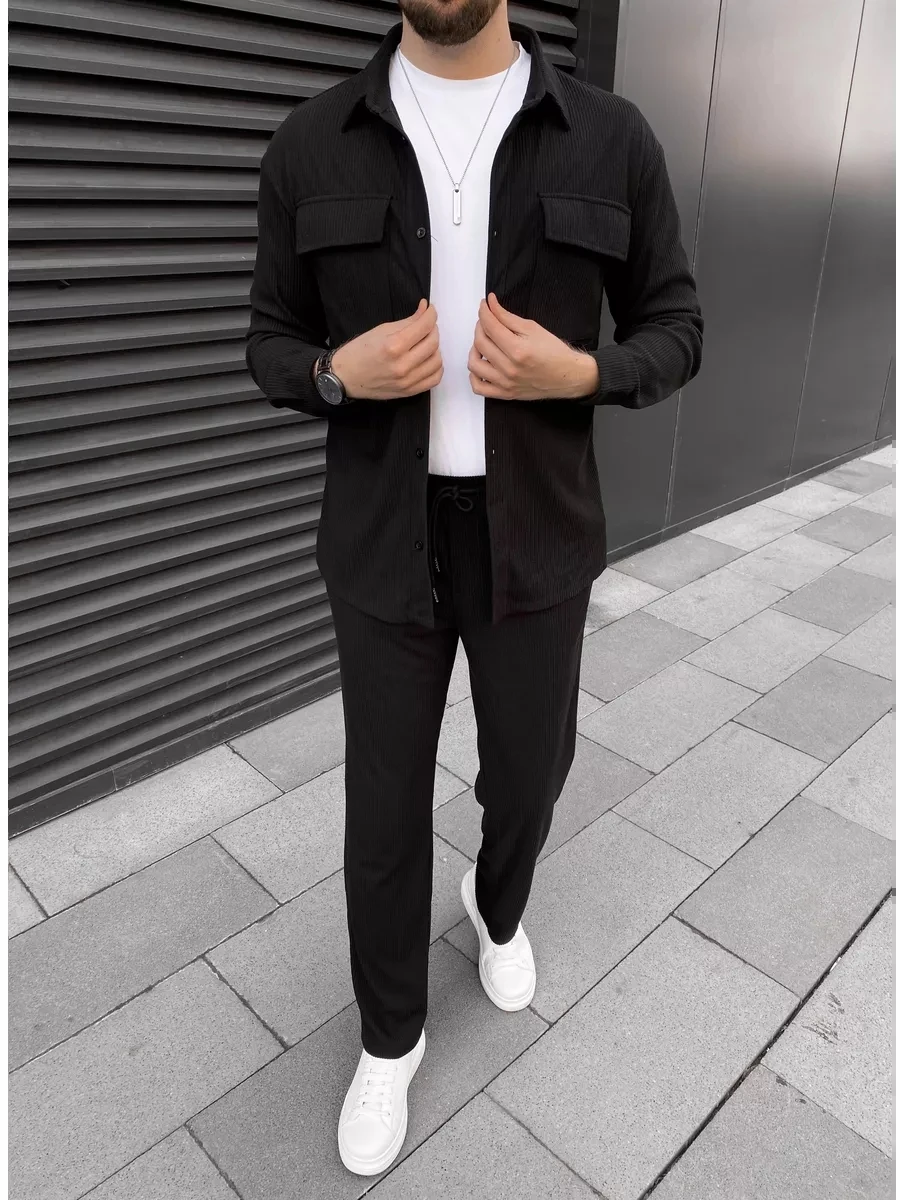 2025 Men's simple new front buckle lapel double pocket long sleeve two-piece casual sports solid color striped fashion comfortab