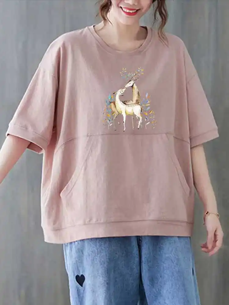 Pure Cotton Short Sleeve T-Shirt Women's Summer Versatile Stylish Simple Short Sleeve Shirt Large Pocket Anti-Season Buckle