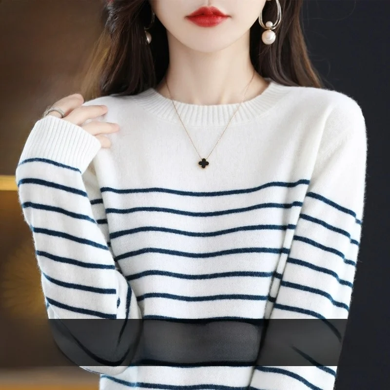 2024 Autumn and Winter New All-Match Clearance Cashmere Sweater Spring New Loose Striped sweater Wool Knitting Bottoming Shirt