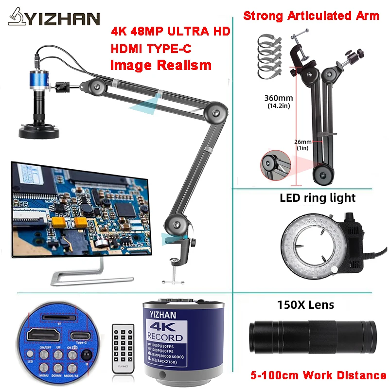 48MP 1080P Articulated Arm Microscope 4K 2K HDMI/USB/VGA/Type-C Digital Microscope Camera 1-150X Lens 5-100cm Work For Soldering